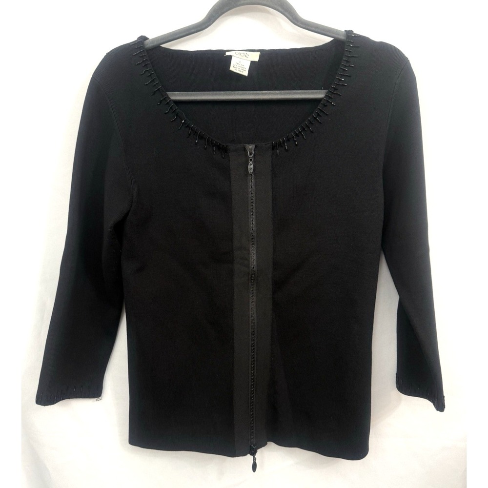 VTG Cache Silk Blend Full Zip Sweater Top Black Beaded Embellished Womens Size L